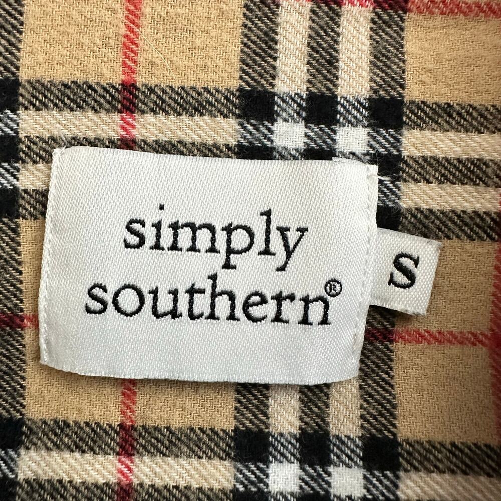 Simply Southern Long Sleeve Flannel Tan Black Red Plaid Women's Small - Picture 4 of 9